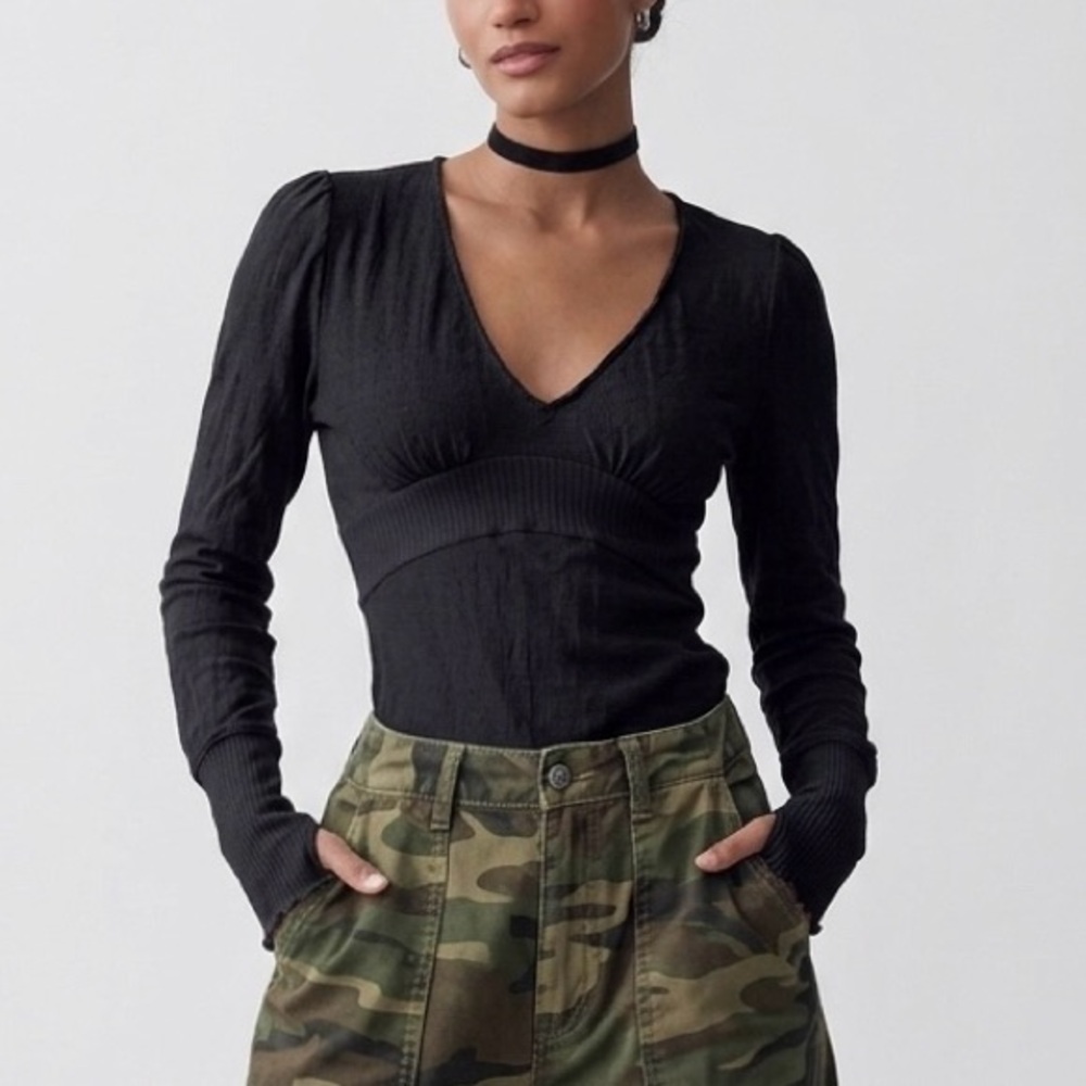 Free People We The Free Black Cotton Linen Blend V-Neck Empire Waist Top Small
